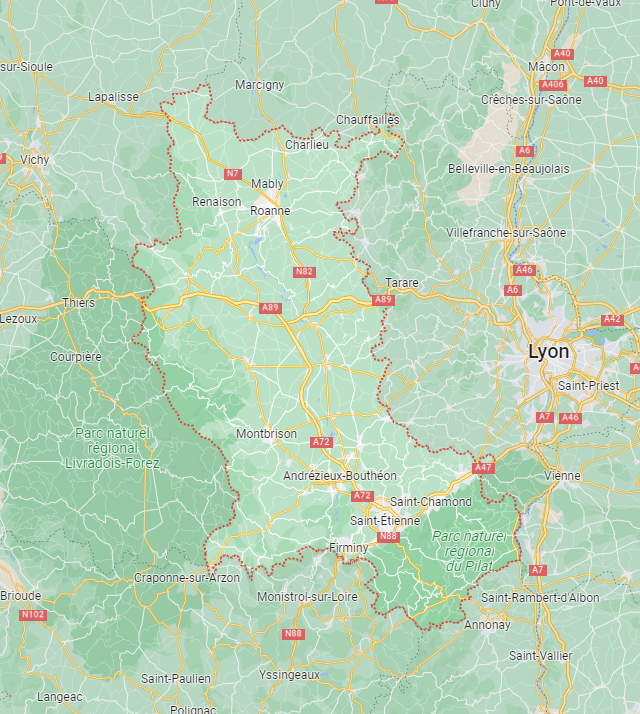 Carte de la région de la Loire montrant Saint-Etienne et les zones d'intervention pour l'installation de panneaux solaires. Reverclim